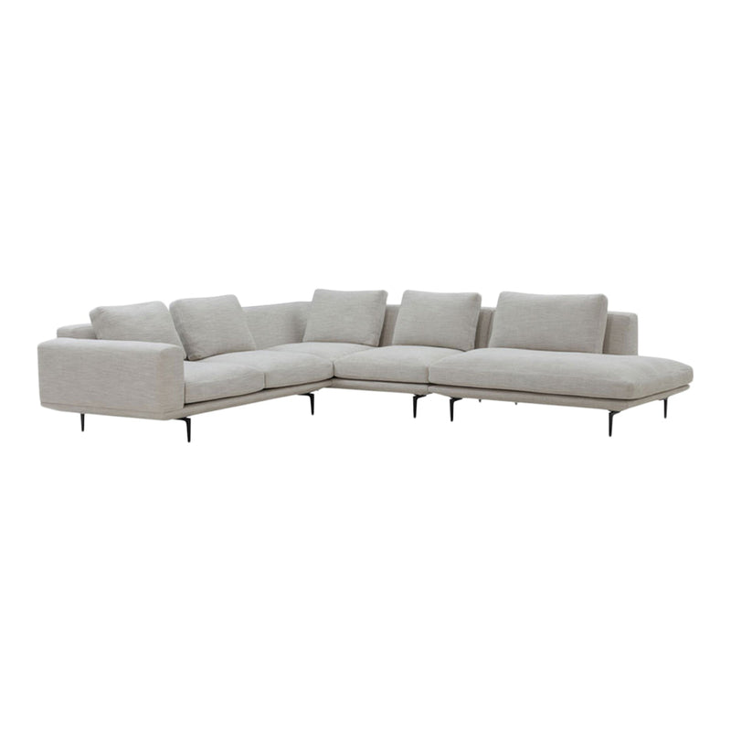 Light gray sectional sofa with a minimalist design and soft fabric, featuring a modern style and clean lines.