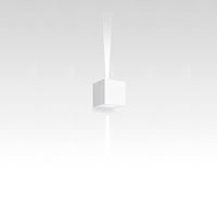 Minimalist white pendant light with a sleek cube design, set against a soft gradient background.