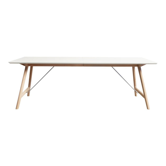 "Modern white tabletop with natural wood legs and minimalist design, featuring sleek and simple lines."