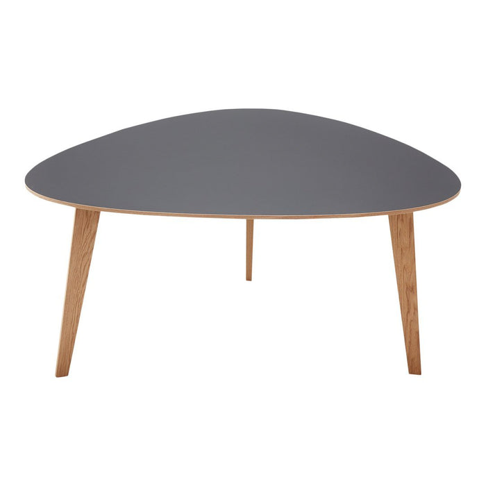 Gray triangular tabletop with natural wooden legs, featuring a sleek, modern design and smooth finish.