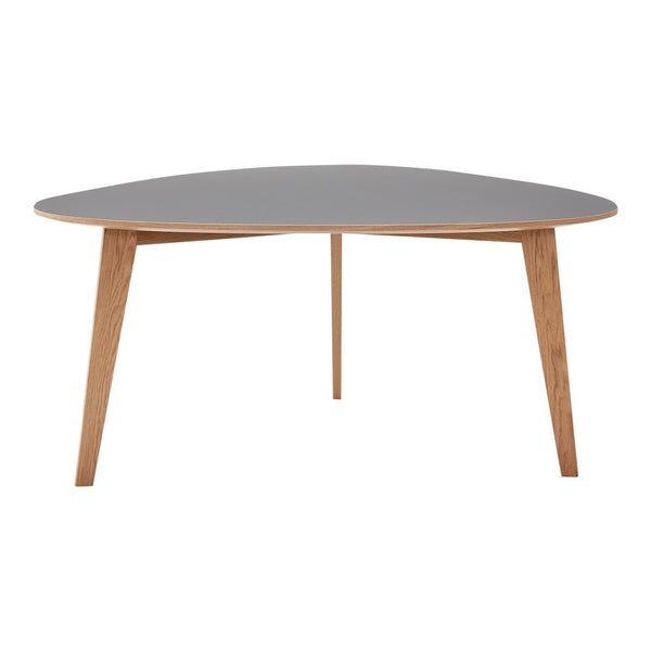 Gray tabletop with natural wood legs, featuring a sleek, modern triangular design. Perfect for contemporary decor.