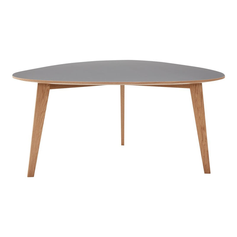 Gray tabletop with natural wood legs, featuring a sleek, modern triangular design. Perfect for contemporary decor.