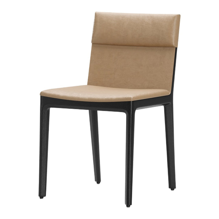 Beige upholstered chair with a sleek black frame, featuring a minimalist design and smooth texture. Perfect for modern decor.