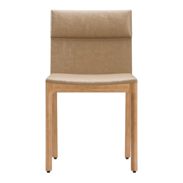 Tan upholstered dining chair with a smooth finish and light wooden legs, featuring a minimalist design.