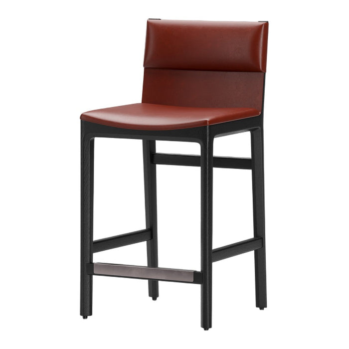 Brown leather seat and backrest with a sleek black metal frame. Modern, minimalist design suitable for any space.
