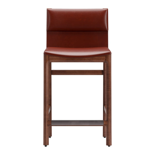 Brown leather bar stool with a sleek wood frame, featuring rich warm tones and a smooth texture.