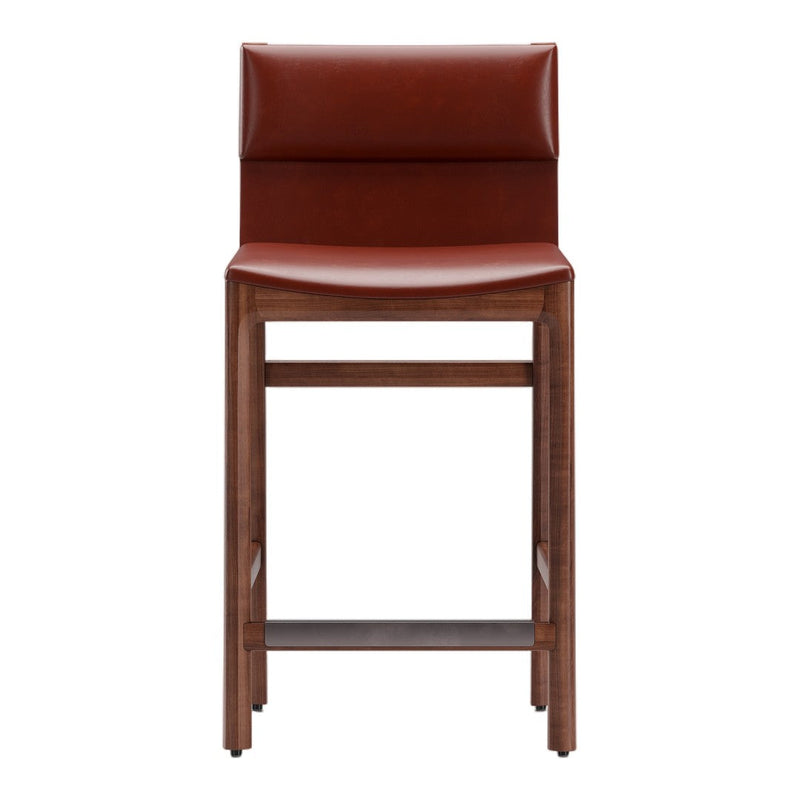 Brown leather bar stool with a sleek wood frame, featuring rich warm tones and a smooth texture.