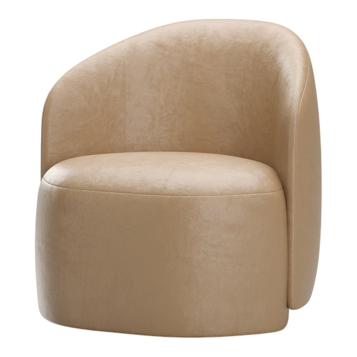 Cream-colored modern accent chair with a smooth, sleek texture and rounded shape. Perfect for contemporary decor.