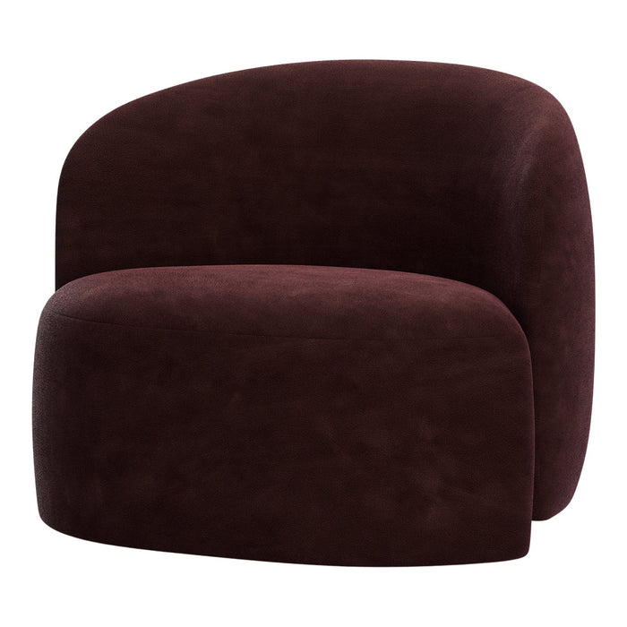 Modern burgundy accent chair with a smooth, textured surface and rounded, sculptural design. Perfect for stylish interiors.