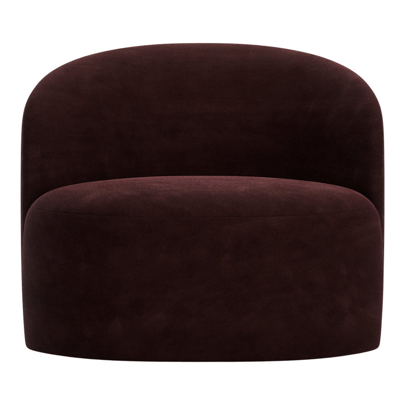 Plush round chair in deep burgundy with smooth, suede-like texture and minimalist design.