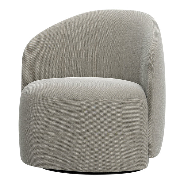 Round, gray accent chair with a textured weave pattern in a soft, neutral tone for modern interiors.