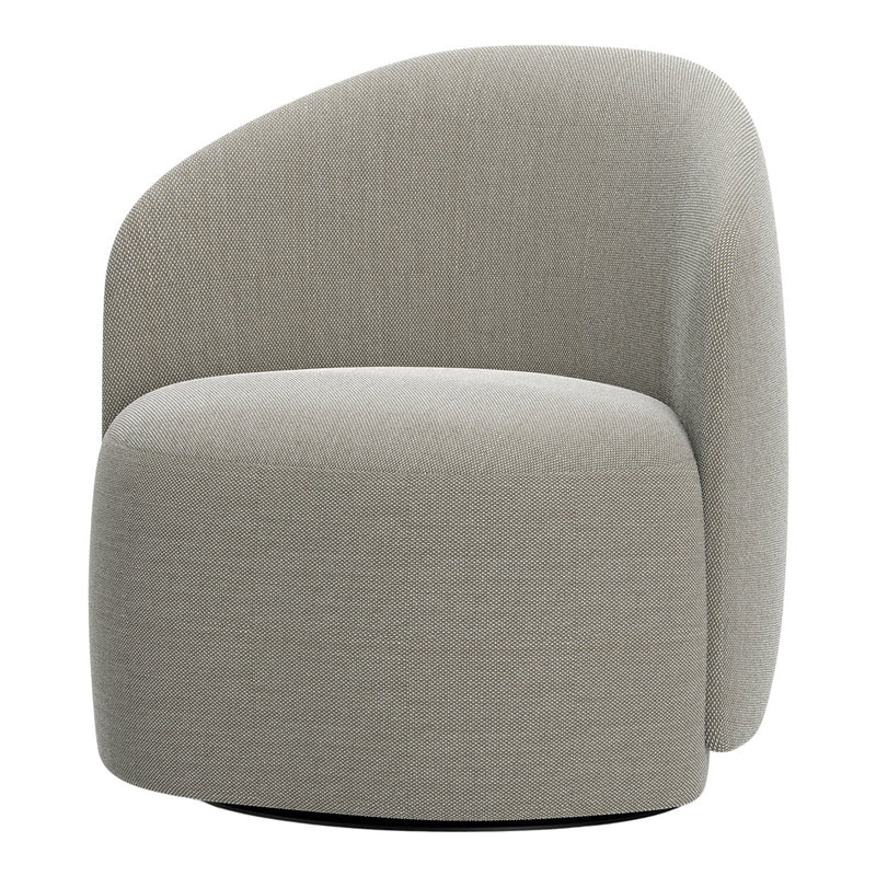 Round, gray accent chair with a textured weave pattern in a soft, neutral tone for modern interiors.