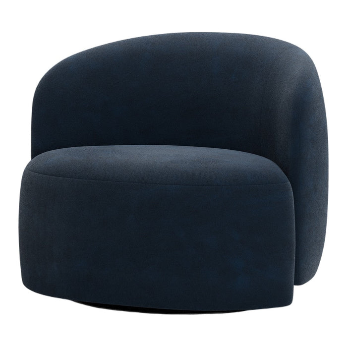 Navy blue upholstered accent chair with a smooth, modern design and rounded edges, perfect for contemporary decor.