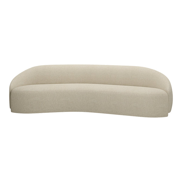 Beige curved sofa with a smooth, textured fabric, perfect for modern living room decor.