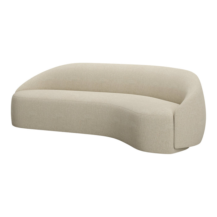 Beige curved sofa with a smooth, textured fabric, perfect for modern and minimalist interiors.