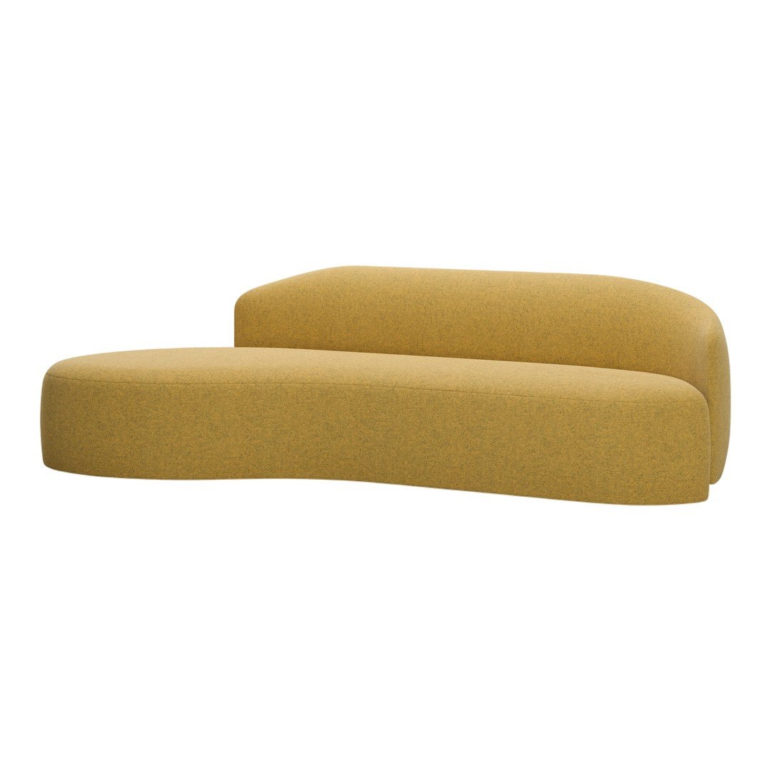 Curved chaise lounge in vibrant mustard yellow, featuring a textured, smooth fabric pattern. Perfect for modern decor.