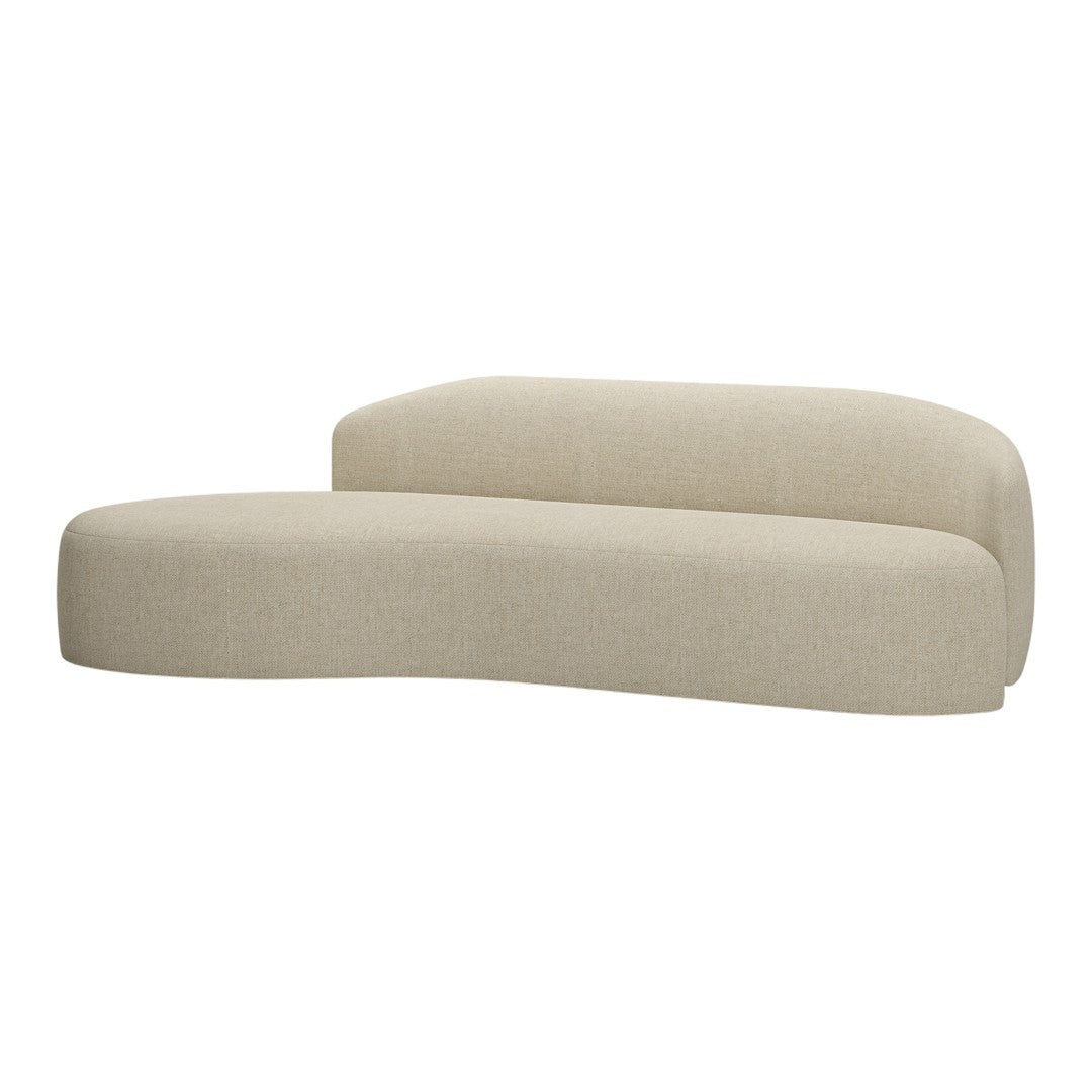 Curved beige sofa with a textured fabric, showcasing a minimalist design for modern interiors.