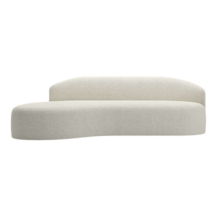 Soft light gray curved sofa with a smooth, minimalist design and textured fabric, ideal for modern interiors.