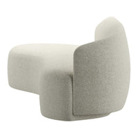 Light gray textured fabric lounge chair with a modern abstract shape. Soft, contemporary aesthetic for stylish interiors.