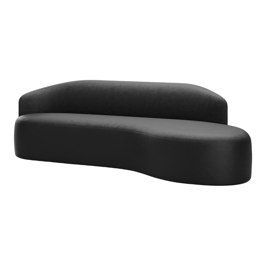 Sleek black curved sofa with a smooth matte finish, perfect for modern minimalist decor.