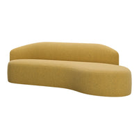 Curved sofa in warm mustard yellow fabric with a smooth, modern texture and seamless silhouette.