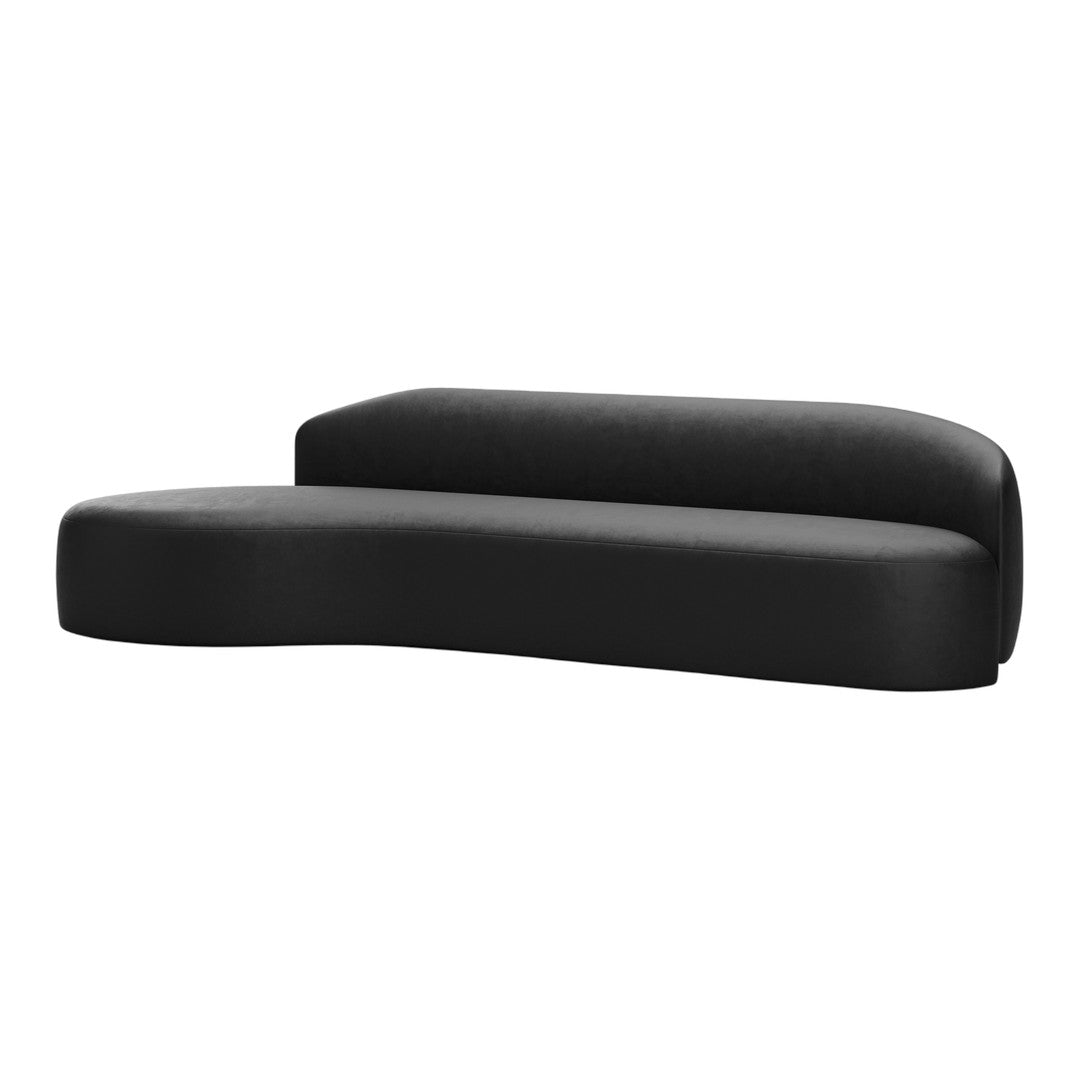 Curved modern sofa in solid black velvet upholstery with a sleek, minimalist design. Perfect for contemporary spaces.