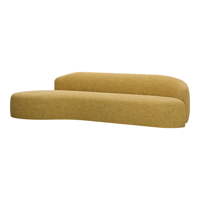 Curved sofa in a warm mustard yellow fabric, featuring a soft, textured finish. Perfect for modern interiors.
