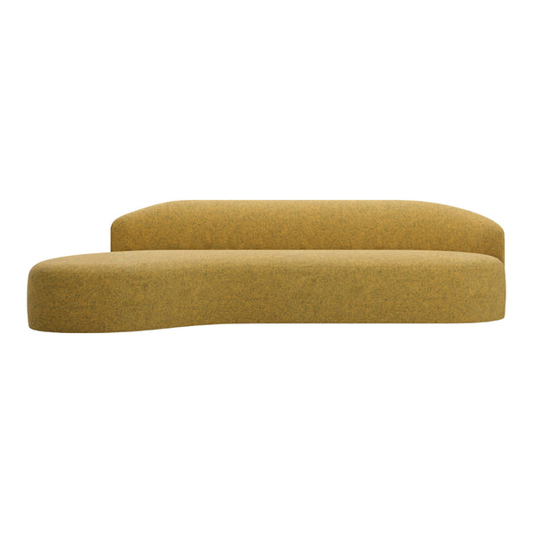 Mustard yellow curved sofa with a textured, soft fabric finish, ideal for modern decor.