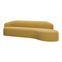 Curved yellow sofa with a textured fabric finish, adding a modern touch to any living space.