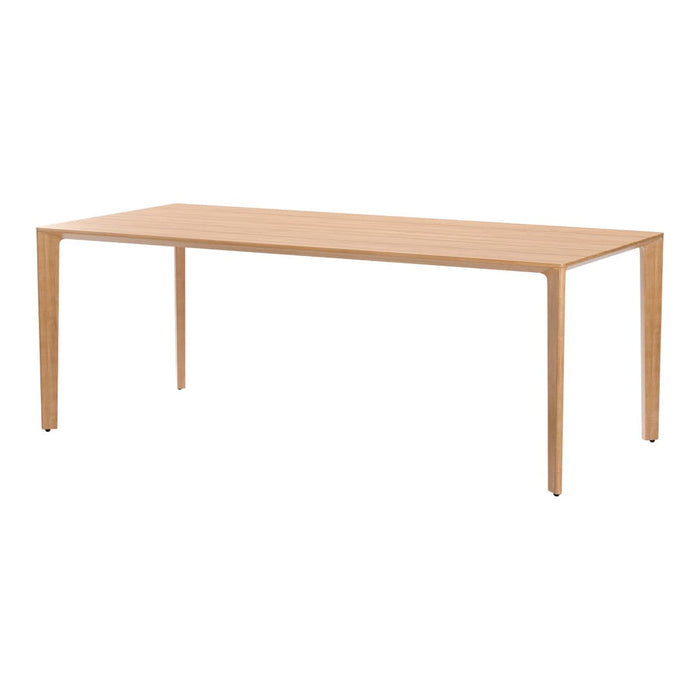 Natural wood finish dining table with a smooth surface and minimalistic design, featuring light beige and subtle grain patterns.