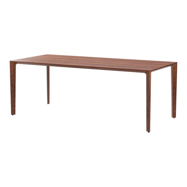 Wooden dining table in a rich walnut finish with subtle horizontal grain pattern, featuring sleek, minimalist design.
