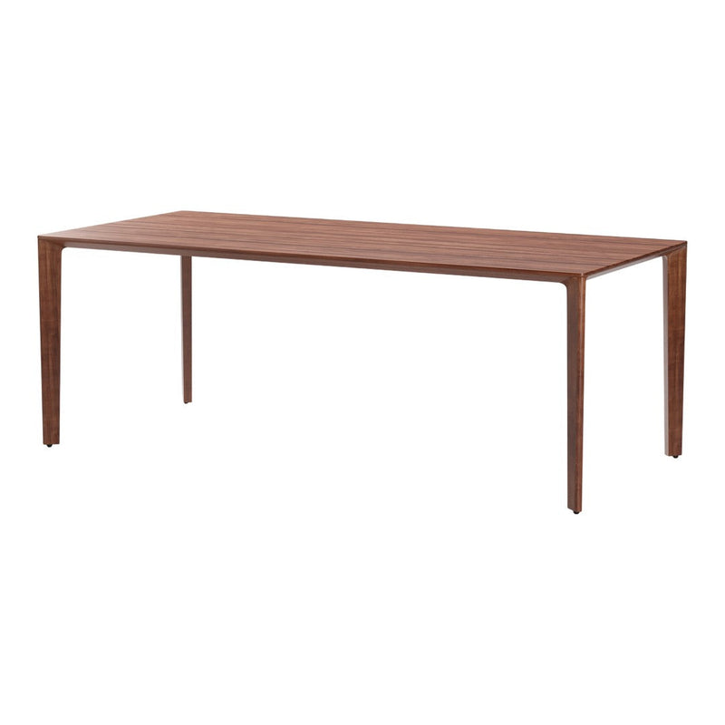 Wooden dining table in a rich walnut finish with subtle horizontal grain pattern, featuring sleek, minimalist design.