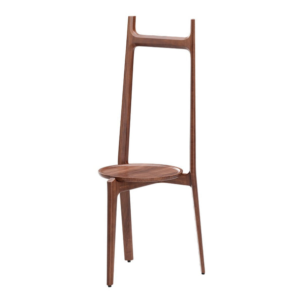 Elegant walnut wooden chair with a sleek design and smooth, rich brown finish. Modern and minimalist style.