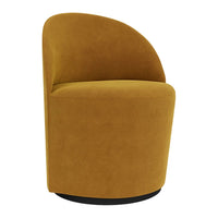 "Round mustard yellow accent chair with soft fabric and minimalist design."