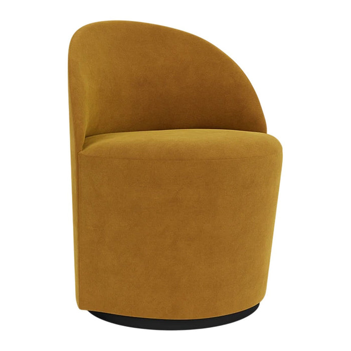 "Round mustard yellow accent chair with soft fabric and minimalist design."