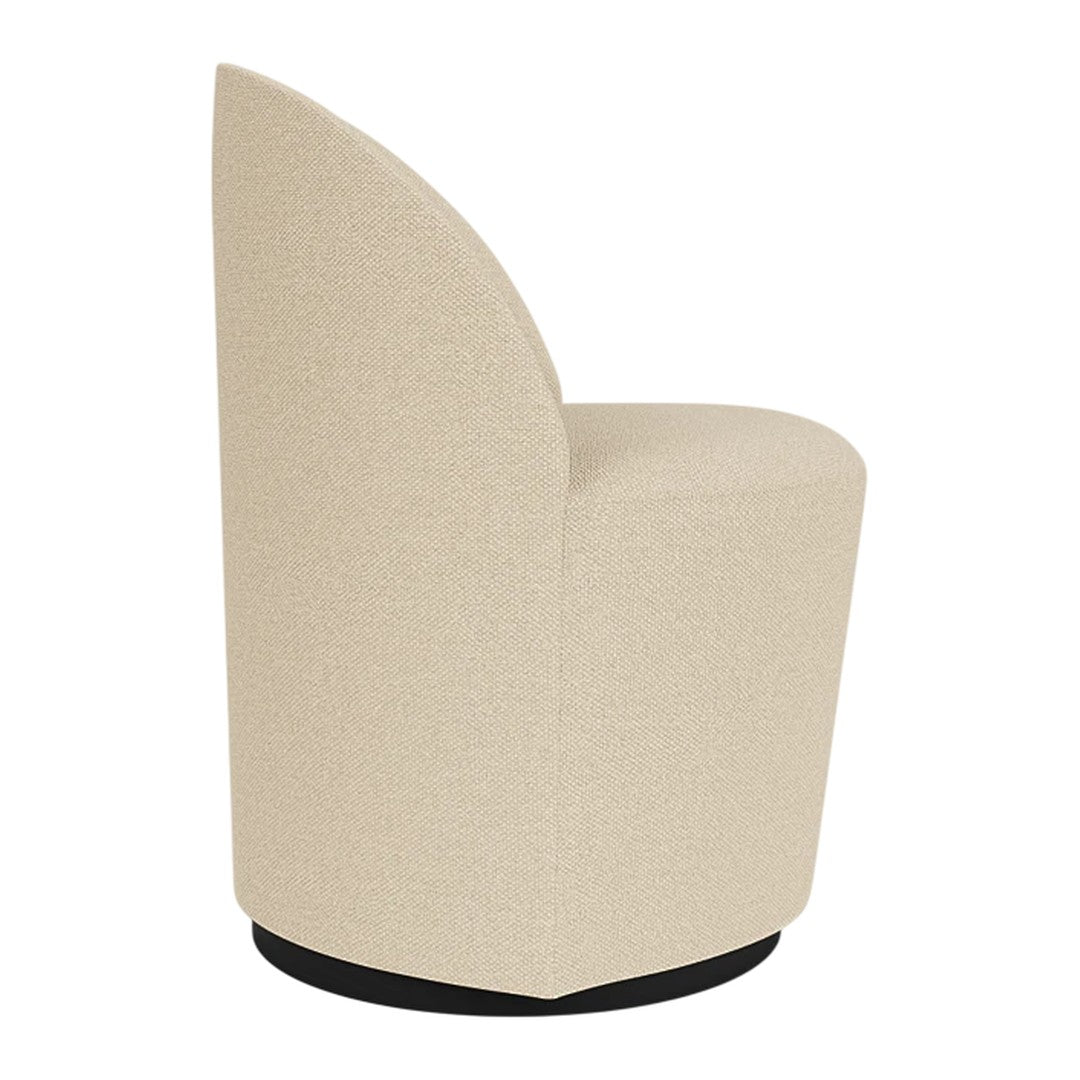 Beige upholstered swivel chair with a smooth texture and minimalist design, featuring a black base for contrast.