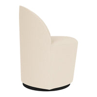 Cream-colored accent chair with a smooth, minimalist design and a sleek black base. Ideal for modern décor.