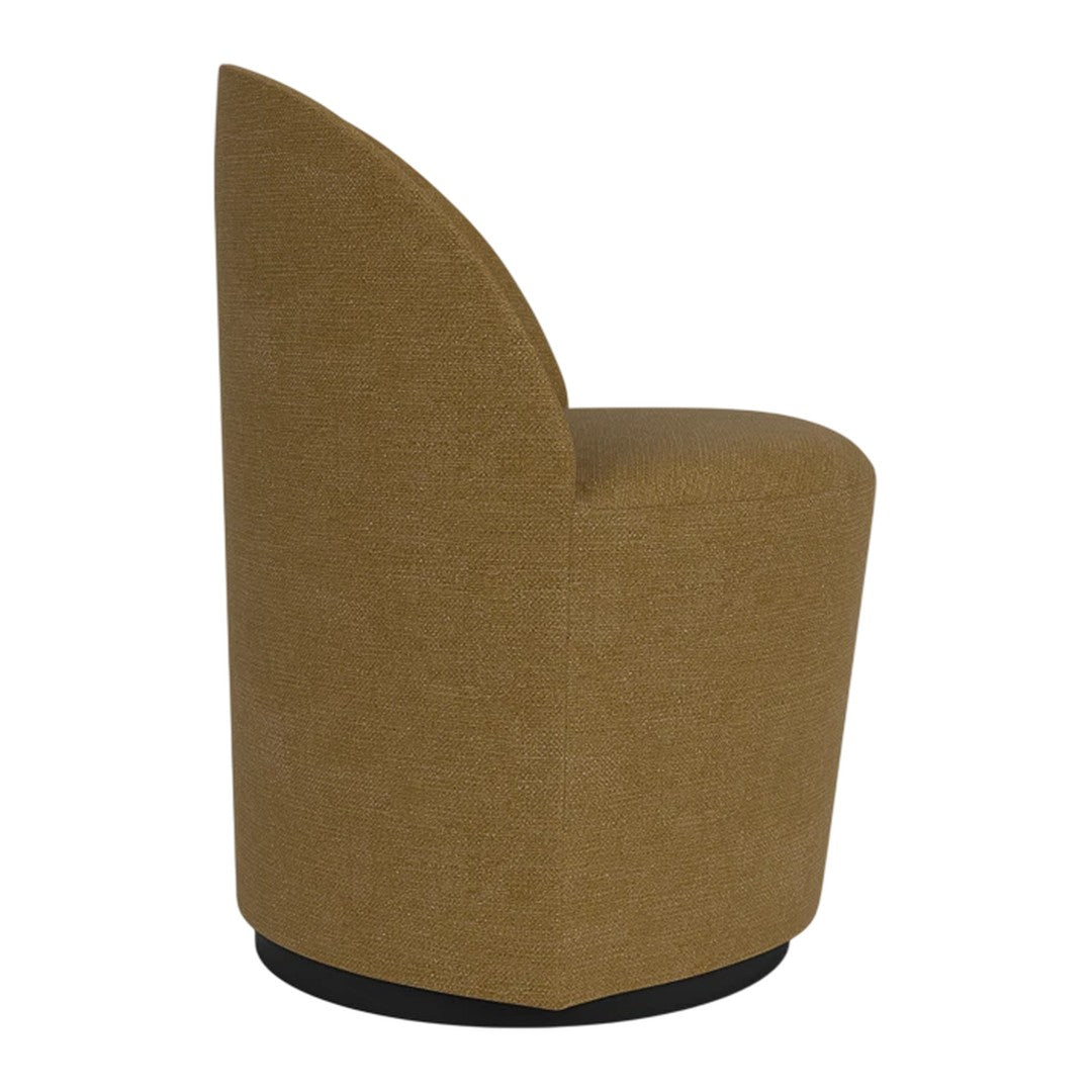 Stylish round chair in warm mustard yellow fabric with a smooth texture and sleek black base.