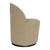 Beige upholstered chair with a sleek rounded design and a contrasting black base. Soft texture and modern aesthetic.