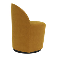 "Round mustard yellow upholstered chair with a sleek design and black base."