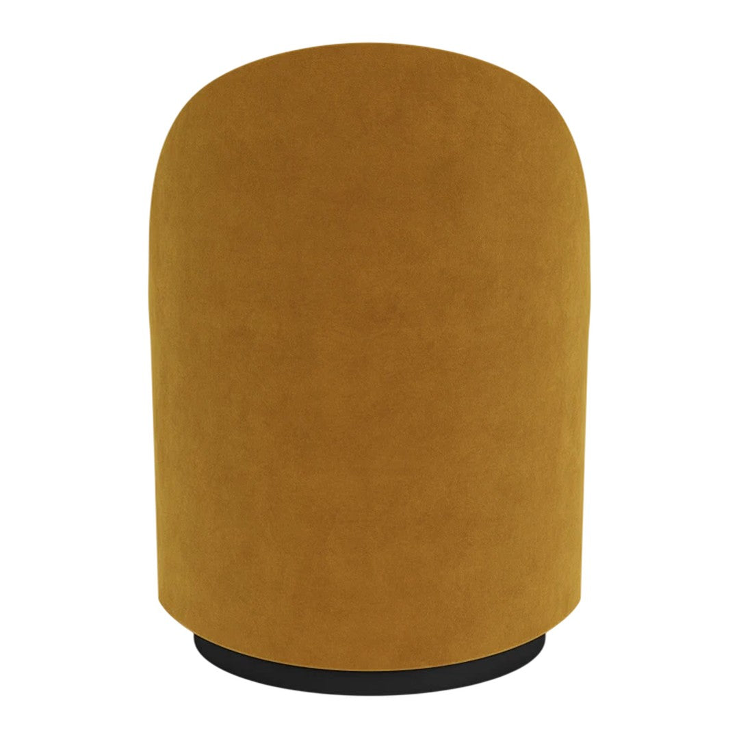 Mustard yellow upholstered stool with a smooth, rounded shape and a black base. Ideal for modern decor.