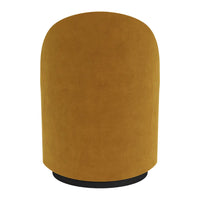 Mustard yellow upholstered stool with a smooth, rounded shape and a black base. Ideal for modern decor.