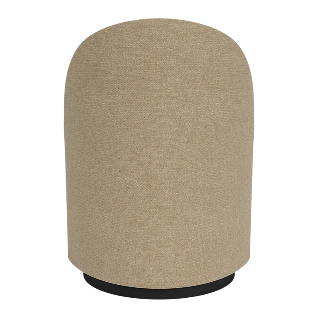 Beige cylindrical pouf with a smooth texture and black base, perfect for modern decor.