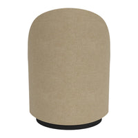 Beige cylindrical pouf with a smooth texture and black base, perfect for modern decor.