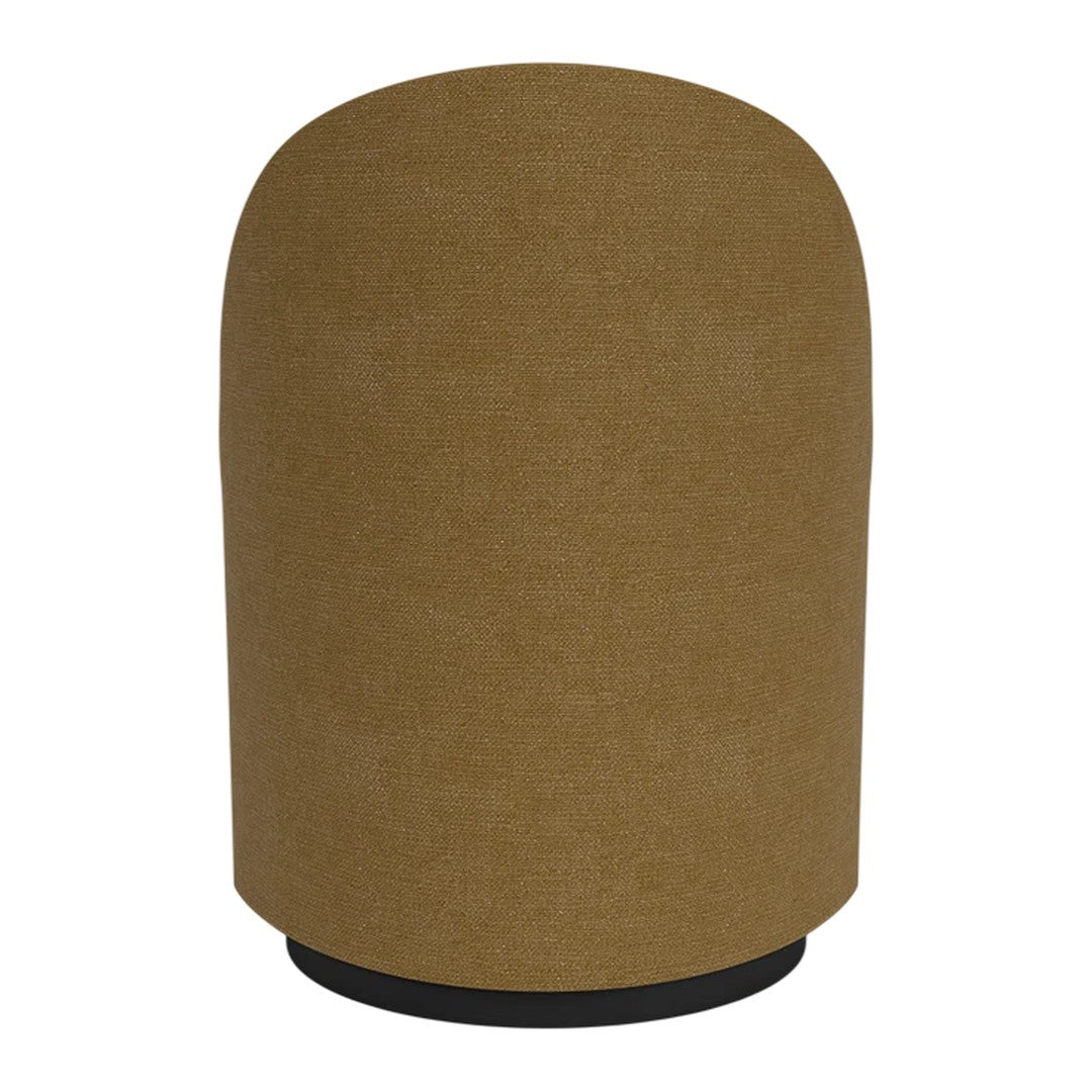 Brown fabric ottoman with a smooth, rounded shape and black base, perfect for modern home decor.