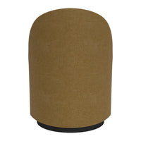 Brown fabric ottoman with a smooth, rounded shape and black base, perfect for modern home decor.