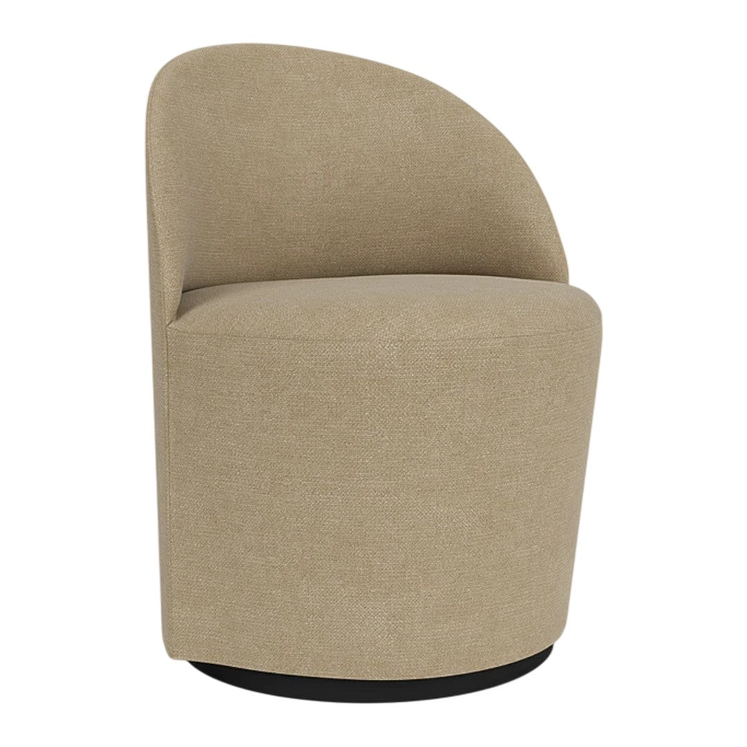 Beige upholstered swivel chair with a smooth, minimalist design and rounded back, perfect for modern interiors.