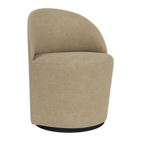 Beige upholstered swivel chair with a smooth, minimalist design and rounded back, perfect for modern interiors.