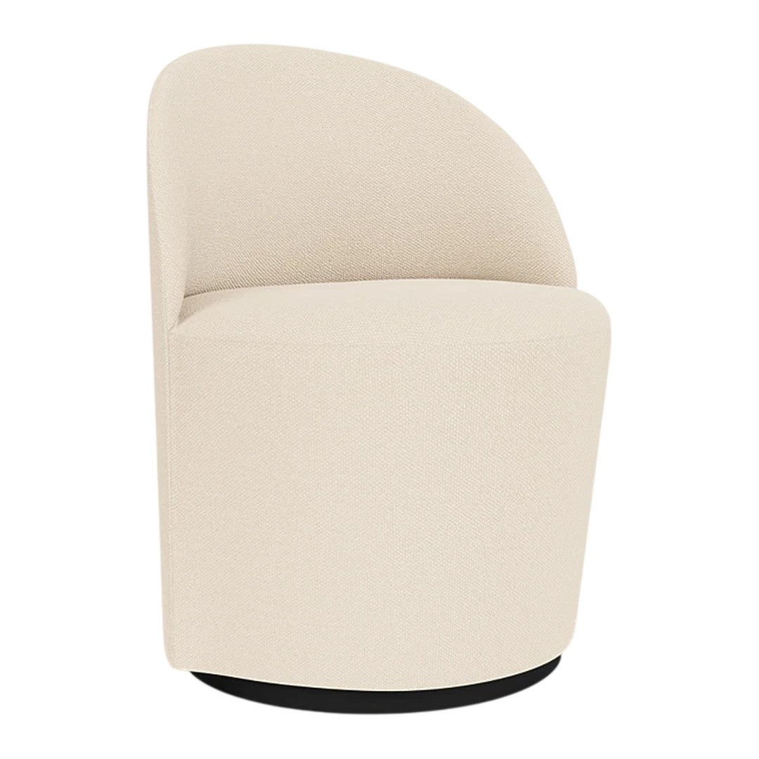 Cream-colored swivel chair with a smooth, rounded silhouette and minimalistic design on a black base.