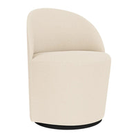 Cream-colored swivel chair with a smooth, rounded silhouette and minimalistic design on a black base.